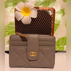 Gray Quilted Wallet with Gold Accent
